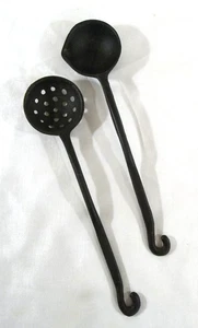 Decorative Cast Iron Spoon with Pour Spout and Slotted Spoon with Hook Handles - Picture 1 of 10