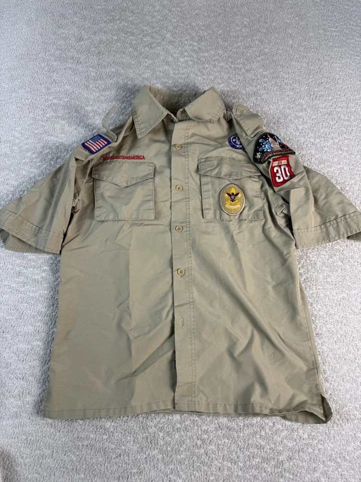 Camisa Boy Scouts of America Juvenil Grande Bronceado Uniforme Manga Corta Parche Tropa 30 Foto 1 de 4