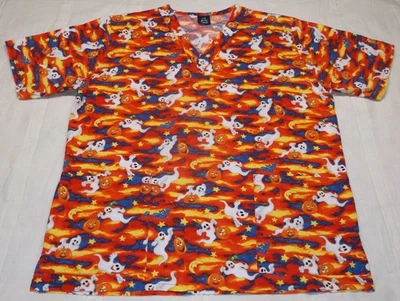 Barco Uniforms Halloween Ghost Pumpkin Bat Nurse Dental Vet Scrub Top Large L - Image 1 of 4