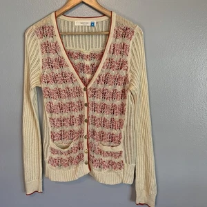 Cárdigan Anthropologie Sparrow Mujer M Tejido Abierto Rojo Rayas Dorado Bolsillos con Botones - Imagen 1 de 19