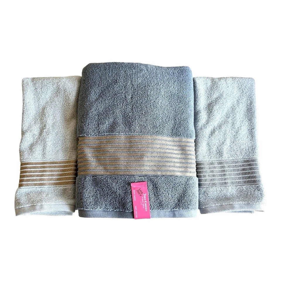 Juicy Couture Blue With Metallic Stripes Towels 3 Piece Set  *NEW* - Image 1 of 1