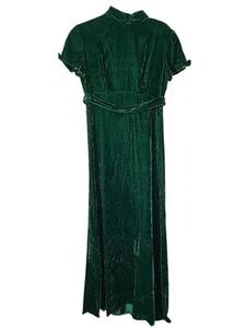 Vintage 1960s Green Crushed Velvet Maxi Dress Short Sleeve 9/10 (0/2) Union Made - Picture 1 of 18