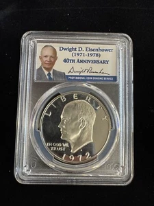 1972 S $1 PCGS Eisenhower Silver Proof Dollar PR70DCAM 40th Anniversary Label - Picture 1 of 2
