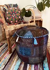 Handmade Blue Patchwork Tassel Boho Indian Footstool Fair Trade Hippie Pouffe