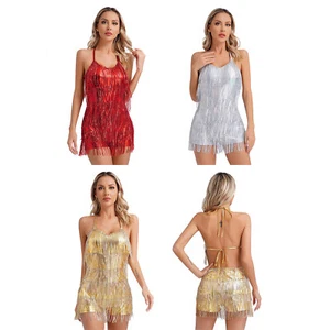 Womens Jumpsuits Lace-up Bodysuit Party Rompers Backless Fringe Tango Sequined - Picture 1 of 54