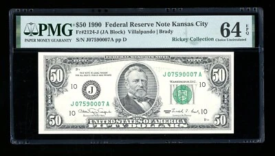 DBR 1990 $50 FRN Kansas City Fr. 2124-J PMG 64 EPQ Serial J07590007A - Image 1 of 2