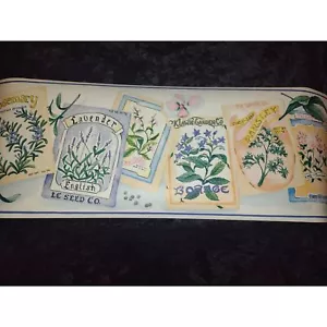 York Herb Flower Seed Packet Cottage Core Granny Chic Pastels Wallpaper Border - Picture 1 of 9