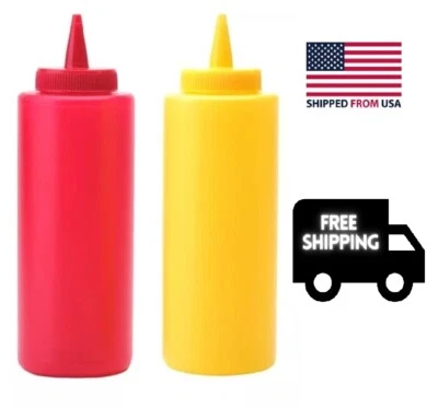  2PK 12oz Plastic Squeeze Bottle Condiment Dispenser Ketchup Mustard HDPE - Image 1 of 2