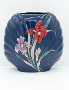 VINTAGE JAPAN Fine China VASE BLUE Mid Century Modern Iris Flowers - Picture 1 of 10