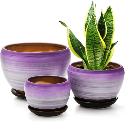 SOUJOY Set of 3 Ceramic Flower Pots, Gardening Plant Pot with Drainage Holes