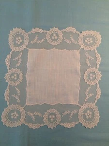 Vintage White Linen Wedding Handkerchief Hanky Wide Tambour Lace Edging  - Picture 1 of 5