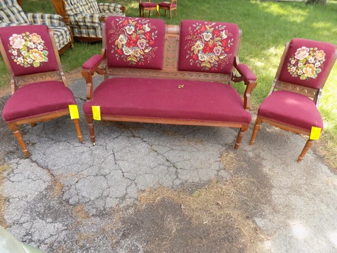 Antique Vtg Lot Loveseat Settee Chairs Carved Wood Burgundy Embroidered Floral Cover
