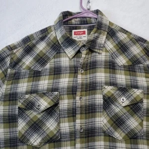 Wrangler Flannel Plaid Men's Western Shirt Green Double Flap Pocket Rockabilly L - Picture 1 of 13