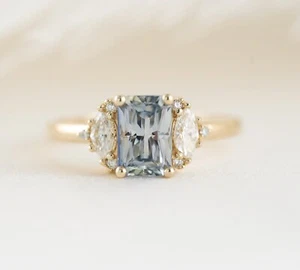 Lite Blue Sapphire Emerald Cut and Marquise 925 Sterling Silver Engagement Ring - Picture 1 of 3