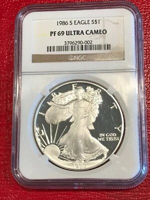 NGC PF69 ULTRA CAMEO 1986 S SILVER AMERICAN EAGLE COIN-DEC337 - Image 1 of 3