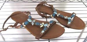 Size 7 M Maurices Brown Buckle Strappy Bling Beach Sandals Faux Turquoise Beed - Picture 1 of 6