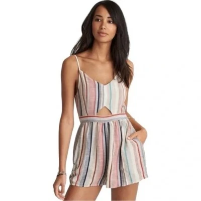 American Eagle Outfitters Keyhole Front Striped Linen Romper Size SP Cream Red - Image 1 of 4