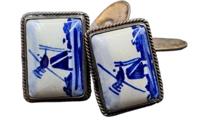 Vintage Blue White Porcelain Tile Design Cufflinks T2390 J4 - Picture 1 of 7