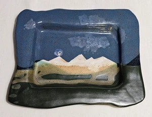 Studio Pottery Art Artist Signed Stoneware Tray Dish Multi Color Mountains 13" - Picture 1 of 13