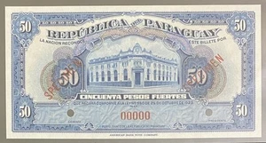 Paraguay 50 Pesos Fuertes 1923 SPECIMEN P 165s Uncirculated Banknote - Picture 1 of 2