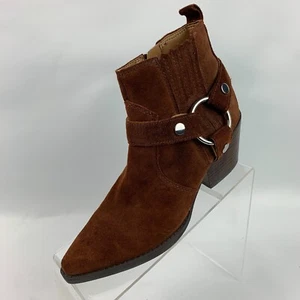 Marc Fisher Halie Ankle Boots Brown Suede Pointy Toe Harness Strap Block Heel 7M - Picture 1 of 12