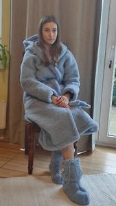 Blue Wool Bath Robe with Hood Poket Dressing SPA Gown Sheep Merino Wool Robe - Picture 1 of 10