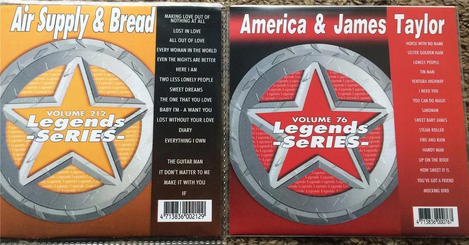 2 CDG LEGENDS KARAOKE DISCS AMERICA,JAMES TAYLOR,AIR SUPPLY,BREAD 1970S POP