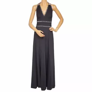 Vintage 1970s Disco Dress Black Polyester w Crisscross Silver Back Straps Size M - Bild 1 von 7