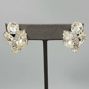 Kramer Clear Swirl S Curve Rhinestone Pave Rhodium Plate Clip Earrings - Picture 1 of 10