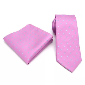 Tie Pocket Square Set Pink Light Blue Polka Dot Men's Handmade Wedding Necktie - Picture 1 of 7