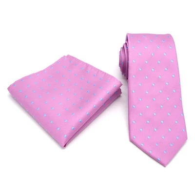 Juego de corbata cuadrada de bolsillo rosa azul claro a lunares para hombre hecha a mano para boda Foto 1 de 4