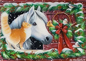 Limitierte Auflage ACEO DRUCK Pferd Katze Vogel Weihnachten Winter Scheune M. Mishkova - Bild 1 von 1