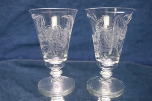 Fostoria USA CAMELLIA Crystal Etched Flower Footed 2 Juice Glasses 4 5/8 " - Picture 1 of 2