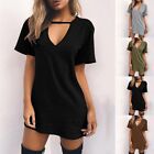 Charm Women Summer T-Shirt Dress Hollow V Neck Short Sleeve Tops Baggy Dresses 