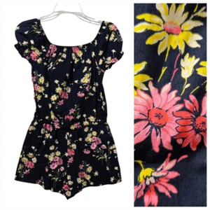 Gap Girls Soft Chambray Short Puff Sleeve One Piece Romper Navy Floral Bow 14/16 - Picture 1 of 11