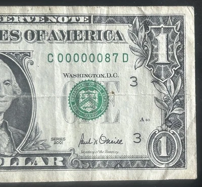 (SERIAL NUMBER 87!) $1 Very Low Two 2 Digit Fancy Serial Number C00000087D - Image 1 of 3