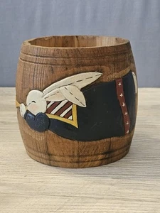 Vintage Carved Handpainted Wooden Barrel Planter Americana Bunny "RJB 96" OOAK - Picture 1 of 12