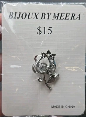 Bijoux By Meera Прозрачный Кристалл Тюльпан Цветочный Серебристый Значок Брошь Цветок - Изображение 1 из 4