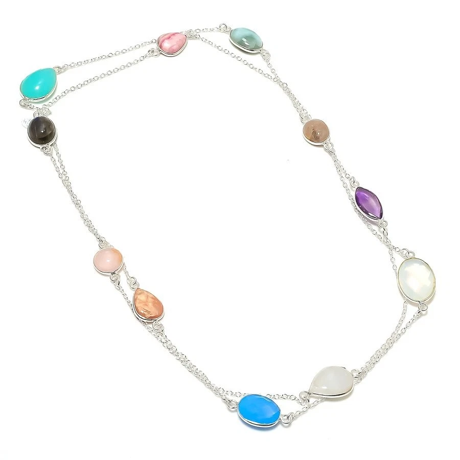 Moonstone & Chalcedony Gemstone 925 Sterling Silver Jewelry Necklace Size 36" - Image 1 of 1