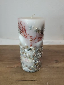 Vintage 80s Real Sea Shell Coral Pillar Candle 3.”x6.5” Tall Embedded Shells - Picture 1 of 6