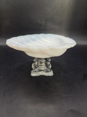 Vintage Milk Glass Shell Shaped Soap Dish Metal Pedestal Lions - Image 1 of 4