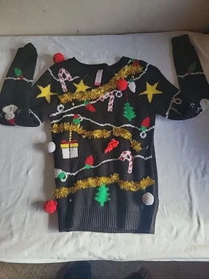 Suéter Ugly Christmans Talla Xs 1 Guirnalda Dorada Pompones Campanas Bastones de Caramelo Oropel Foto 1 de 2