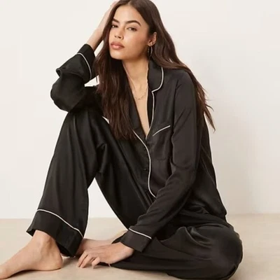 Abercrombie & Fitch Women Pajama Set Sz S Dark Blue Satin Sleepwear Classic - Image 1 of 4