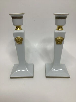 Versace Rosenthal Gorgona Gold White Candle Holders 8” Set Of Two Rare Pair HTF - Image 1 of 4