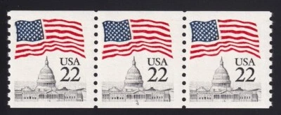2115 Flag over Capital Dome – 22c PNC strip of 3 Plate # 4 Unused NH F-VF - Image 1 of 2