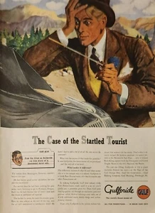 Gulf Motor Oil 1937 Gulfpride estuche publicitario vintage del turista sorprendido - Imagen 1 de 1