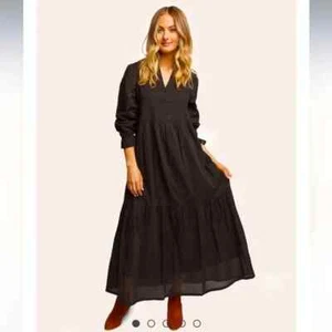 Able Jane Large schwarz Langarm Stufen Maxikleid BoHo 100% Baumwolle Bohemian - Bild 1 von 11