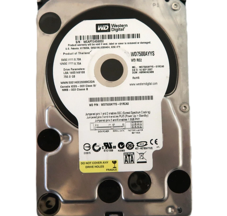 WD WD7500AYYS-01RCA0 HBRNHA2ABB (WCAP) Thailand 750gb 3.5" Sata HDD 16SEP2007 - Image 1 of 1