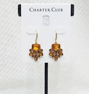 New! Signed Charter Club Cognac & Taupe Crystal Geo Gold Tone Dangle Earrings - Picture 1 of 5