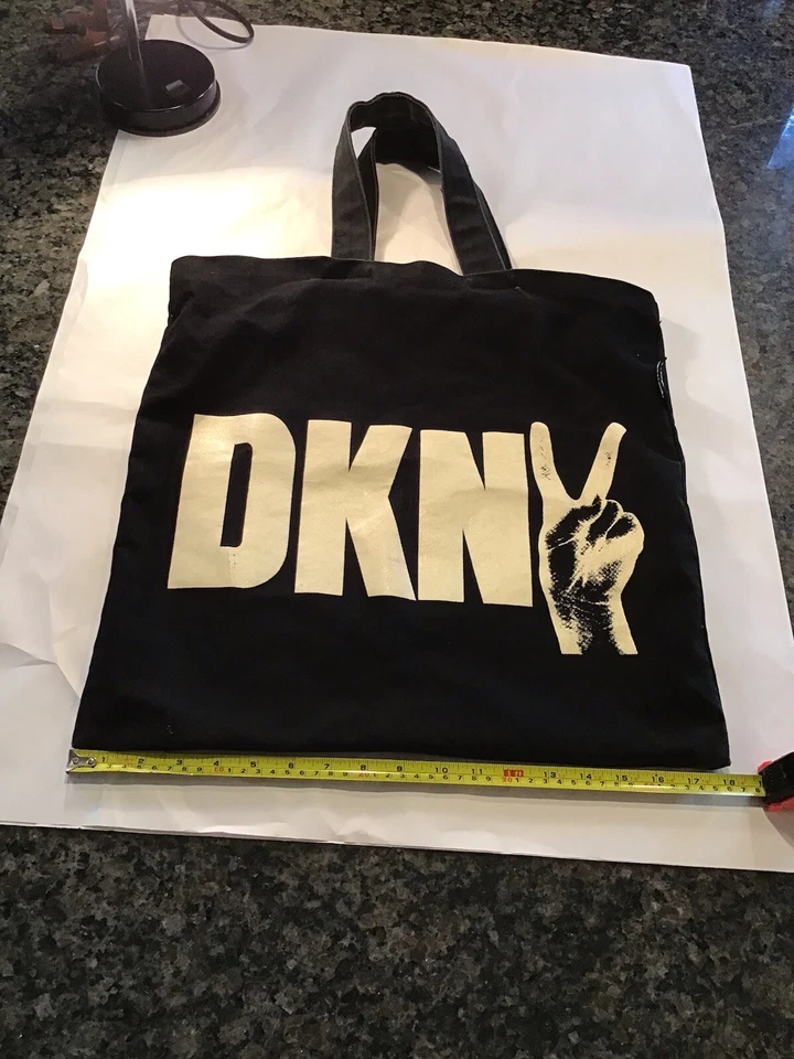 VINTAGE DKNY Black Hand Peace Sign Canvas Tote Bag Donna Karan NEW YORK 18” MINT - Image 1 of 4